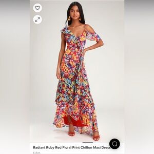 Lulu’s Radiant Ruby Red Floral Print Chiffon Maxi Dress